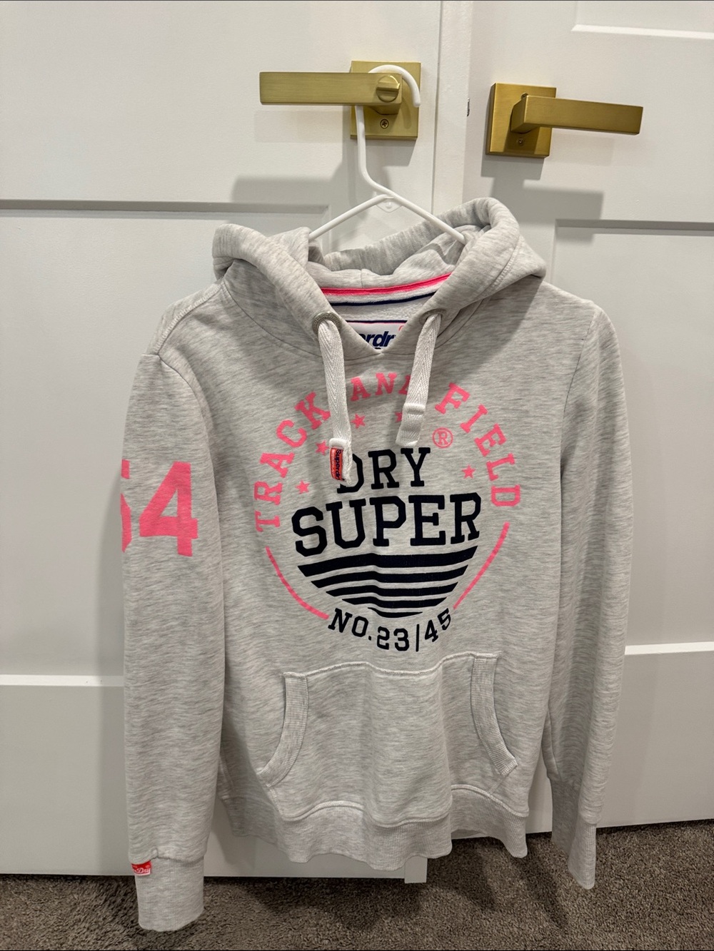 Superdry Light Gray Pullover Hoodie with Pink and Black Logo